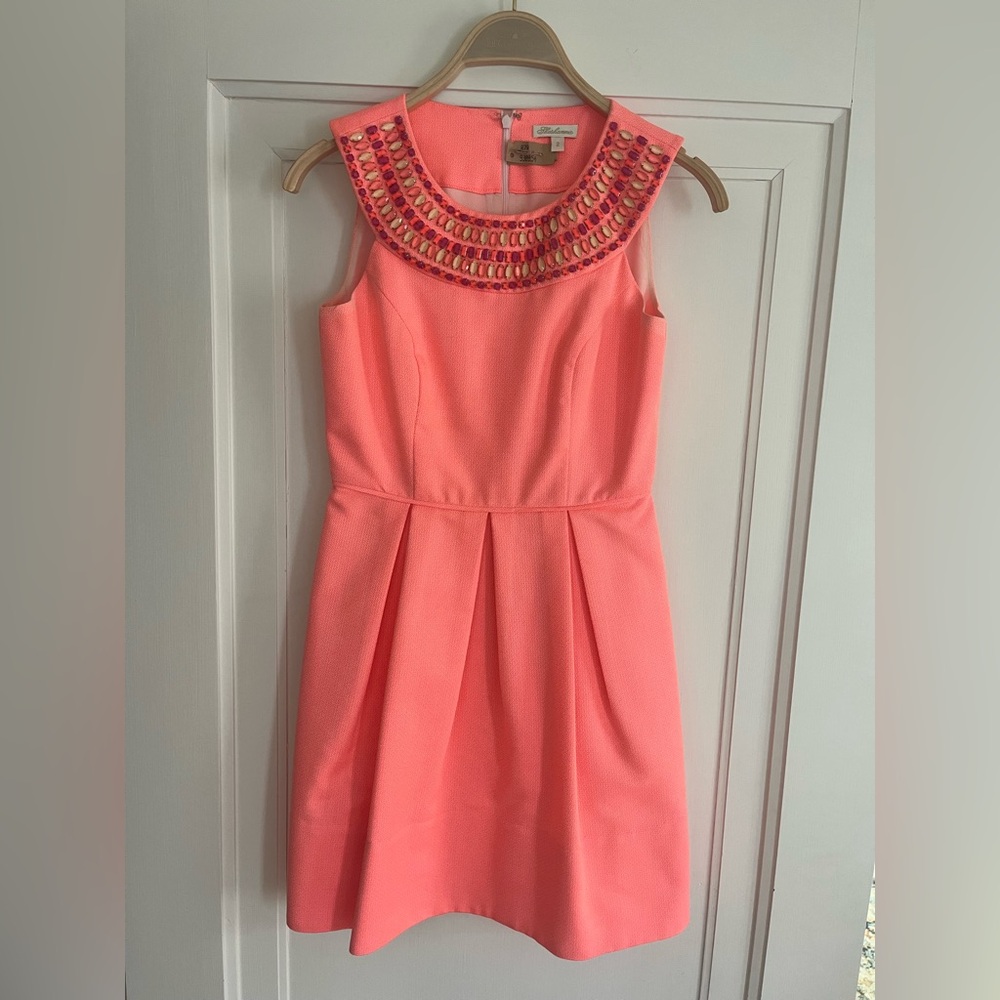 Shoshanna Coral Pink Beaded Neckline Sleeveless Dress